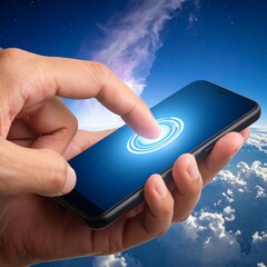 Hand holding a phone, touching screen with a finger