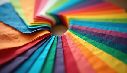 Close-up of colorful paper napkins arranged in circular fan pattern. Napkin displays different hue, creating vibrant rainbow spectrum. Textured paper material suggests use in crafts, parties,