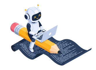 Cute robot writing code on laptop while sitting on giant pencil