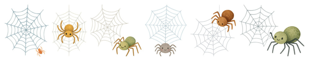PNG Cute spiders on intricate webs, element set on transparent background