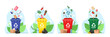 © GN.STUDIO - Four colored recycling bins labeled paper, plastic, glass, and organic with matching waste items floating above on a light blue background. Vector illustration