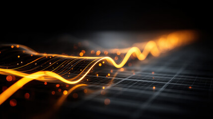Wall Mural - Dynamic wave patterns create mesmerizing visual of light and energy, showcasing vibrant orange lines against dark background. This evokes sense of movement and rhythm