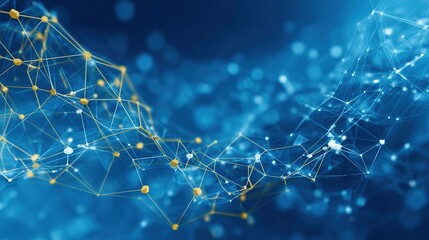 Interconnected Golden and White Network Nodes with Data Flow Lines on Blue Gradient, Digital Communication Concept for Technology Presentations