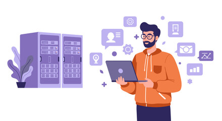 Illustration of a bearded man holding a laptop with server racks and various icons floating around, representing data management and technology.