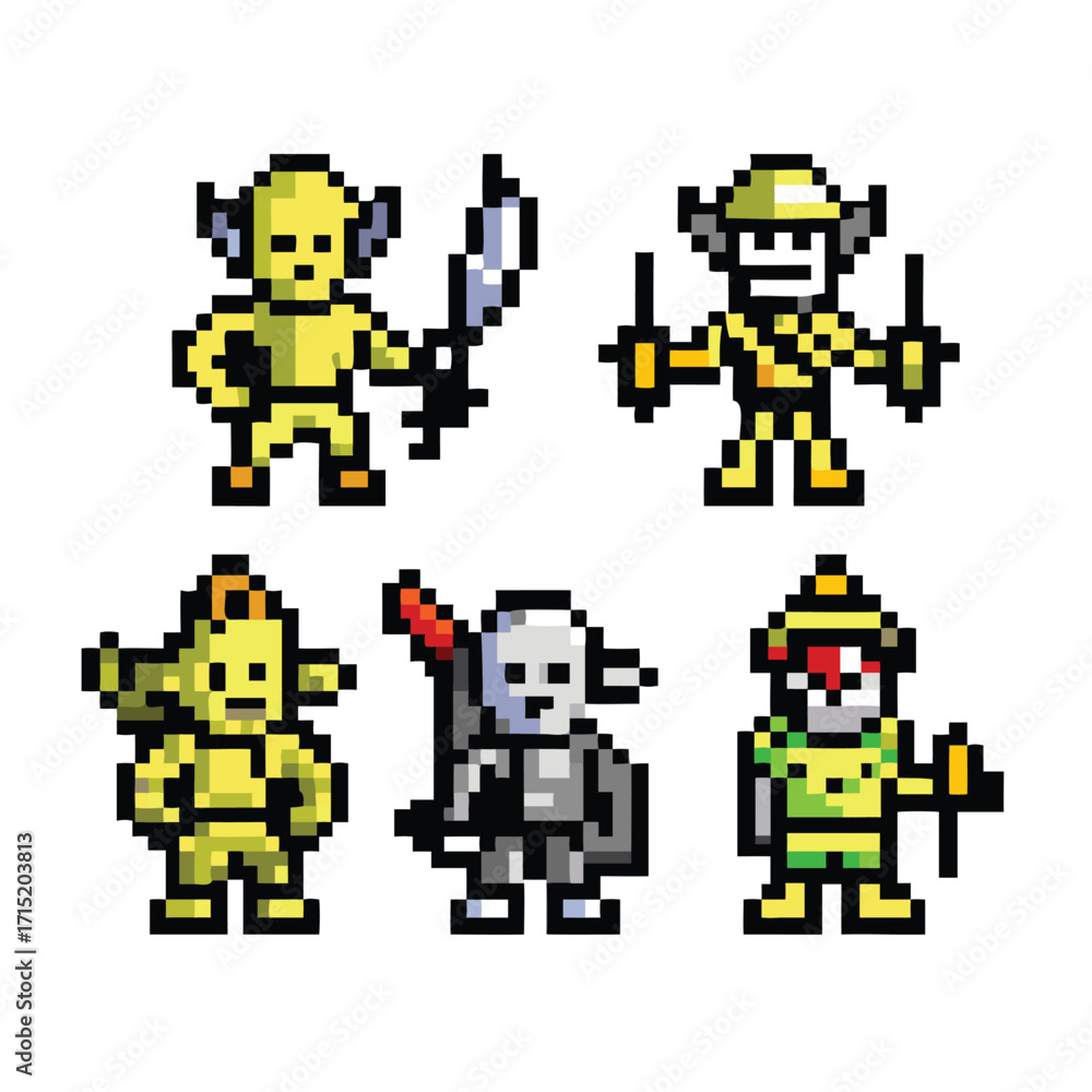 Goblin Characters 8-Bit Pixel Art Set. 5 Retro RPG Enemy Sprites Stock ...