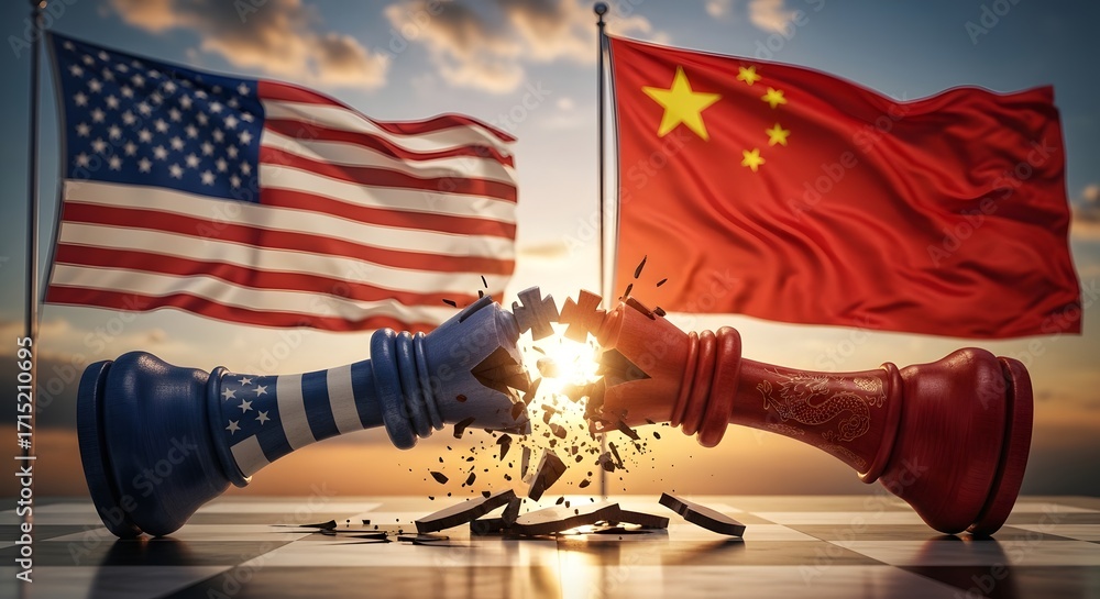 Geopolitical Rivalry Geopolitical rivalry US and China flags on shattered chess pieces ...