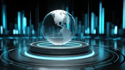 Wall Mural - futuristic digital glass globe with glowing blue light rings and vertical data visualization bars, h