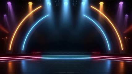 Wall Mural - neon light stage with colorful spotlights and glowing curved lines and arches creating vibrant futur