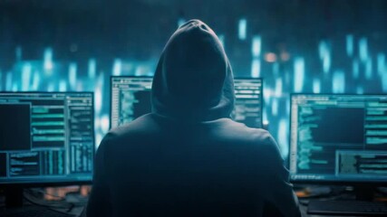 Hacker in dark hoodie working on multiple computer screens with code and data in dimly lit room creating mysterious intense atmosphere of cybersecurity programming technology