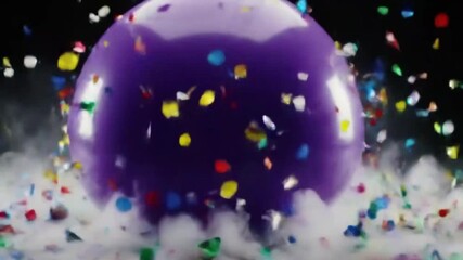 Purple balloon exploding with confetti and dry ice.