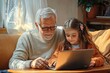 © sun - Elderly man and young girl sitting closely on a couch using a laptop together with focused expressions and warm natural light in a cozy living room