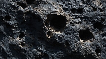 Close-up of dark, porous rock surface with varied-sized holes and crevices, showing texture and subtle light variations