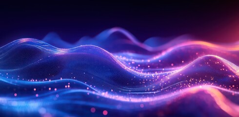 Abstract digital waves with glowing particles in blue, purple, and orange colors creating a futuristic and dynamic scene