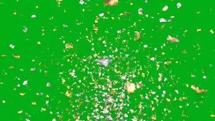 Dynamic burst of colorful glitter exploding outwards in slow motion on a vibrant green screen shimmer, texture, event
