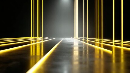 Wall Mural - futuristic corridor glowing yellow neon light lines on dark reflective floor and walls with vibrant 