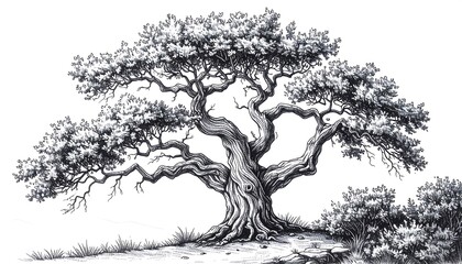  Monochrome Drawing of Ancient Olive Tree, Detailed Trunk, Lush Foliage