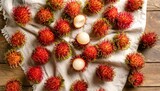 Overhead shot of vibrant red rambutan fruit, some peeled, displayed on a rustic wooden table top.