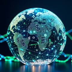 Wall Mural - Global trade concept showing digital holographic world map with blockchain and financial network systems