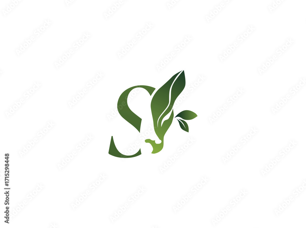 Modern agriculture logo design featuring a cow and plant elements, symbolizing sustainable farming and organic agriculture. Elegant and trendy minimalist style, perfect for farm business,S