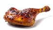 © Open - Glazed chicken quarter with crispy skin glistens on white background