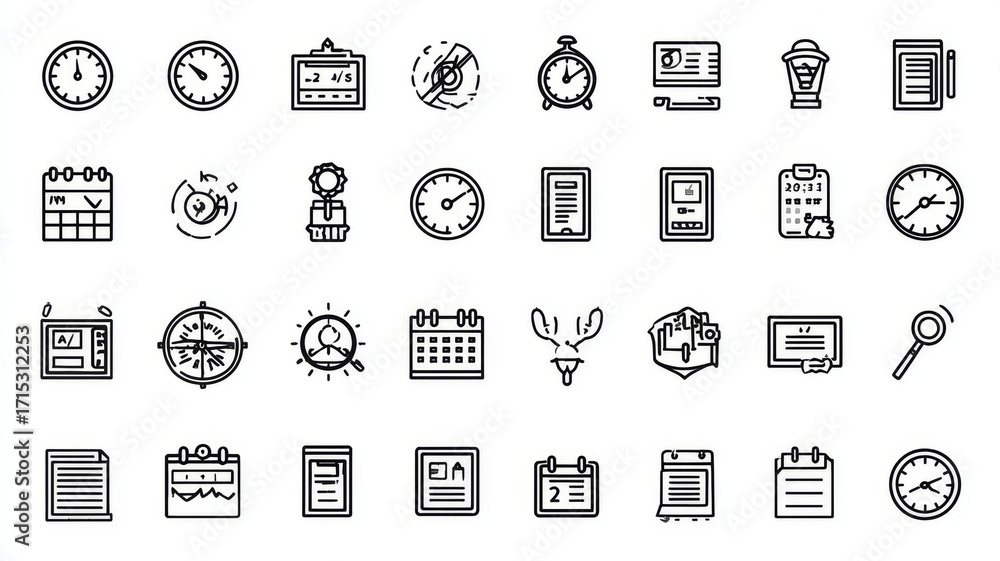 Simple set of time-related vector line icons including clock, calendar ...