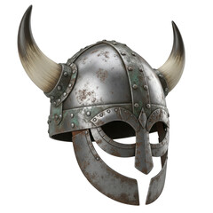 Viking helmet with horns and metal plating, isolated on transparent background