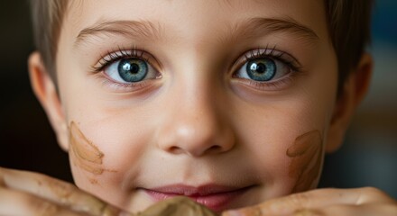 Bright blue eyes of a charming young boy, his face playfully smeared, capturing the joyful and adventurous spirit of youth