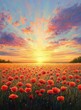 © mobile - Vibrant field of red poppies under a colorful sunrise sky with radiant light and soft clouds spreading across the horizon evoking calm and hope