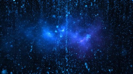 Seamlessly looping video with blue cybernetic cosmic particles cascading downwards like digital rain tech, falling, blue cybernetic cosmic particles cascading downwards