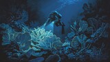 Diver exploring glowing coral reef underwater at night with flashlight beams.