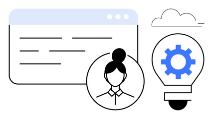 Browser interface, female avatar, gear inside lightbulb, small cloud. Ideal for technology, innovation, creativity, personal growth online engagement cloud computing education. Clean simple flat