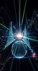 Abstract data stream visualization with globe and light burst effect