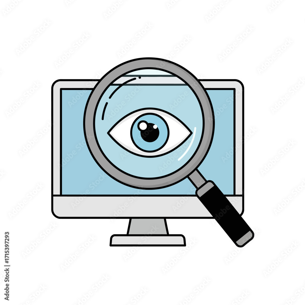 Magnifying glass focusing on an eye on a computer monitor, symbolizing ...