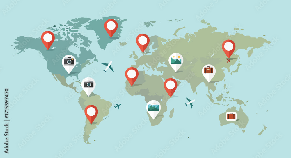 World map with red location markers representing travel destinations ...