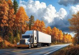 A large semi-truck driving on a paved road surrounded by autumn trees with vibrant orange and yellow leaves under a dramatic cloudy sky