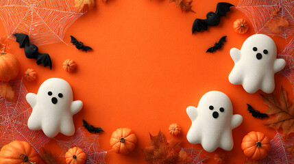 Canvas Print - happy halloween holiday concept. top view of halloween decorations: ghosts and cobwebs on orange bac