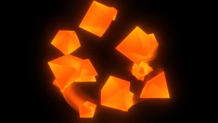 Wall Mural - Abstract geometric shapes of glowing orange and yellow, rotating and evolving in a seamlessly looping sci-fi display pattern, sci-fi display, glowing