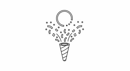 Simple line art icon of a party popper exploding with confetti and streamers for celebration.