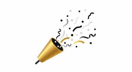 Golden party popper exploding with black white and gold confetti.