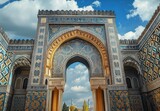 Intricately detailed traditional archway adorned with blue, gold, and white geometric and floral tile patterns under a partly cloudy sky, evoking historical grandeur and cultural richness