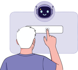 Man interacting with ai assistant on screen isolated on white background