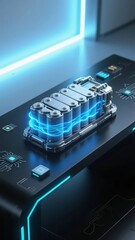 Futuristic battery pack with glowing blue energy circuits on a high-tech surface