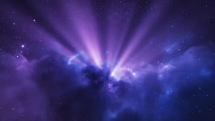 Wall Mural - A seamlessly looping video featuring ethereal purple blue light rays, softly piercing through cosmic mist, creating a serene and mysterious abstract scene azure, hypnotic, cosmic mist