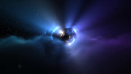 Wall Mural - A seamlessly looping video of abstract volumetric light rays piercing through a dark deep space fog, creating a mystical atmosphere soft focus, mist, seamlessly looping video