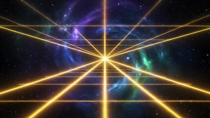 Wall Mural - Abstract deep space background with a grid of slowly moving, glowing yellow and orange laser beams, a seamless loop tech, future, internet