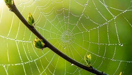 Close-up of a delicate spiderweb glistening with water droplets, spanning a soft-focus green background. Budding branch adds nature detail