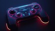 © faizan - A futuristic game controller with neon accents on a dark background illuminated by the device lights
