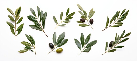 Healthy fresh olive leaves on white background, showing natural green foliage, organic plant textures, Mediterranean herbs, botanical details, and decorative greenery suitable for culinary and ornamen