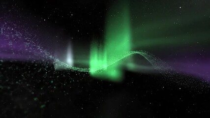 Wall Mural - seamlessly looping video depicting green and purple cosmic particles reminiscent of an aurora boreal
