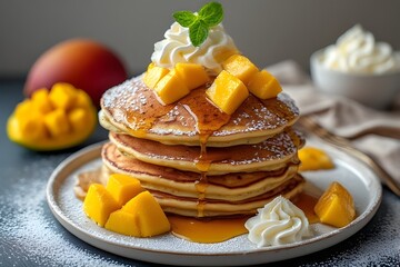 Wall Mural - stack of pancakes topped with mangoes, syrup and whipped cream